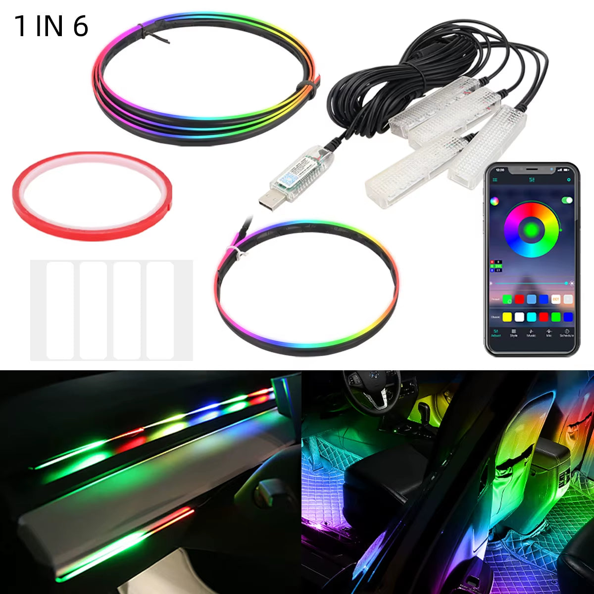 4In1 Symphony Car Foot Lamp USB App Control Led Interior Light Decorative Hidden Atmosphere Lights Car Ambient Lights Neon Light
