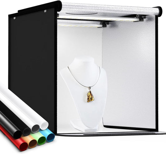 Photo Studio Light Box 24 X 24 Inch Dimmable Photography Lighting Shooting Tent Kit with LED Lights, Portable Bag and 4 Color Backdrops (White Black Red Blue)